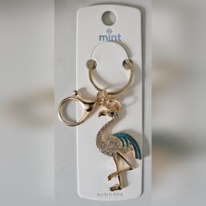 Mint Rhinestone Clear & Turquoise Flamingo Bag Charm Keychain w/ Gold Hardware
